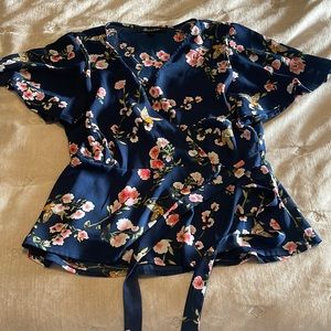 Navy Floral Flutter Sleeve Wrap Shirt Small